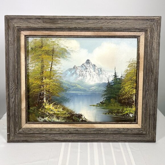Vintage Oil Painting Mountain Lake Landscape Framed Mid Century Lodge Rustic